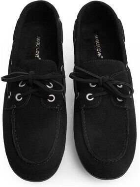 Women's Black Suede Comfortable Bow Lace Loafer Slip On Casual Flats Boat Shoes